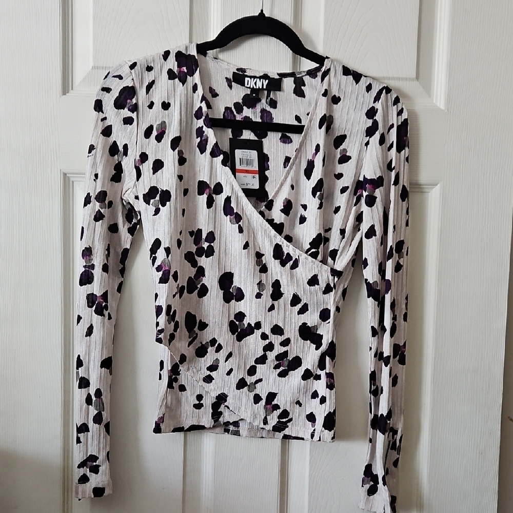 Dkny Purple and White Long Sleeve Fitted V-Neck Wrap Blouse